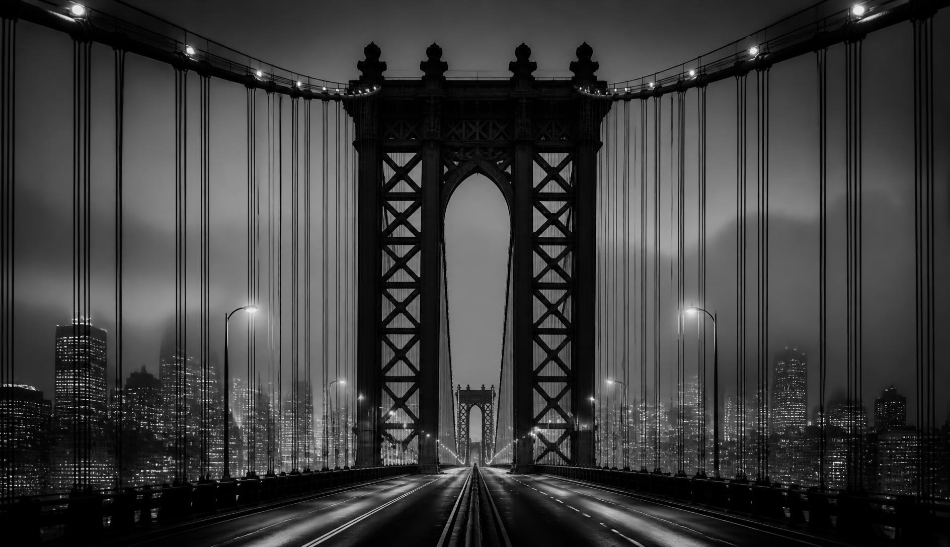 A suspension bridge at night leading toward a glowing city skyline, in black and white